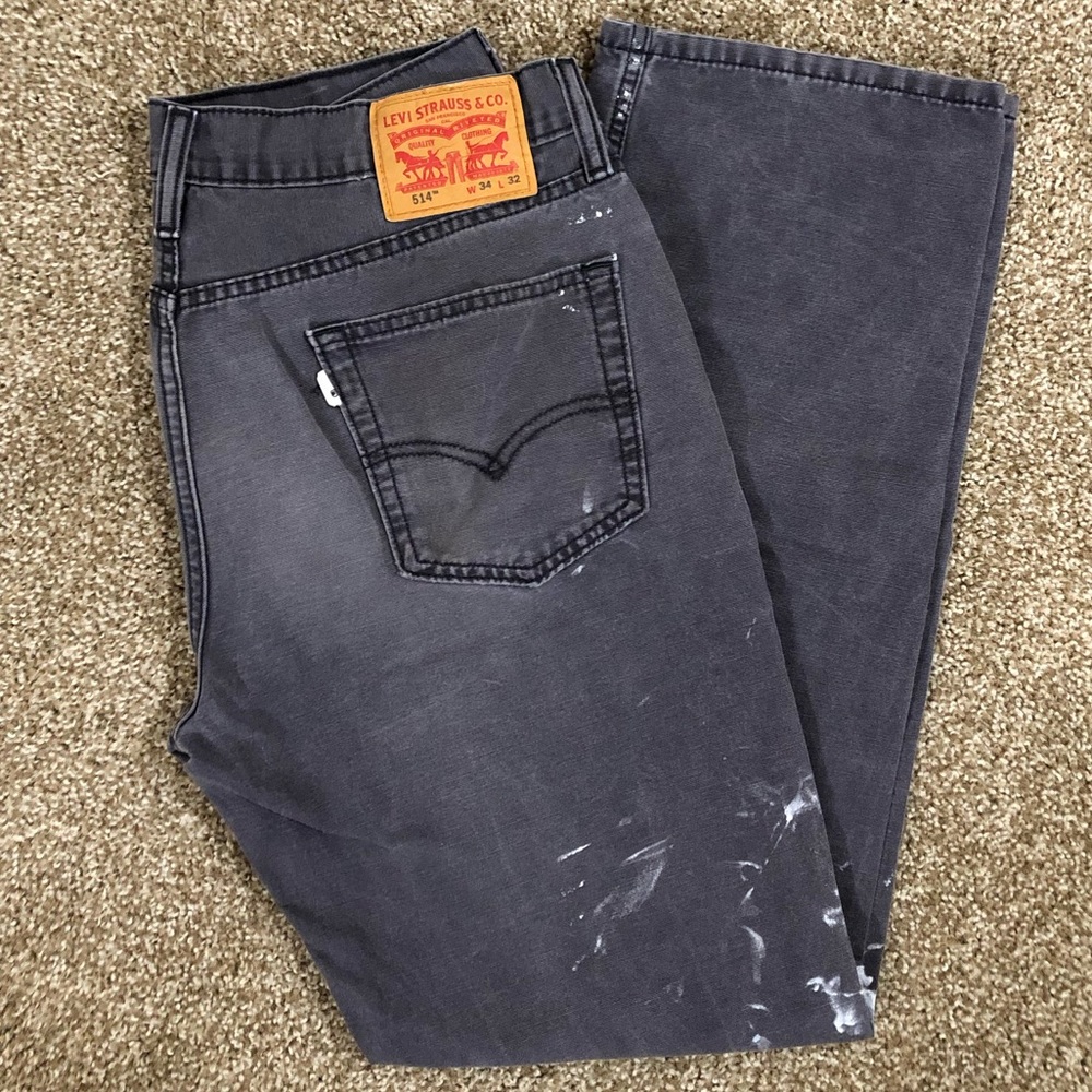 Painterly Distressed Levis Jeans Style 514 Size 34W x 32L Grey w White Splatter